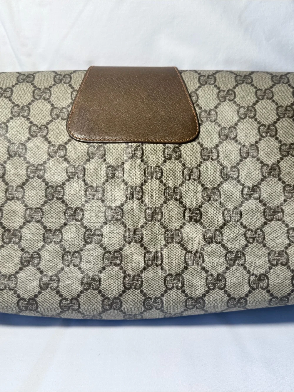 Gucci Beige Brown GG Canvas Clutch with Web Stripe